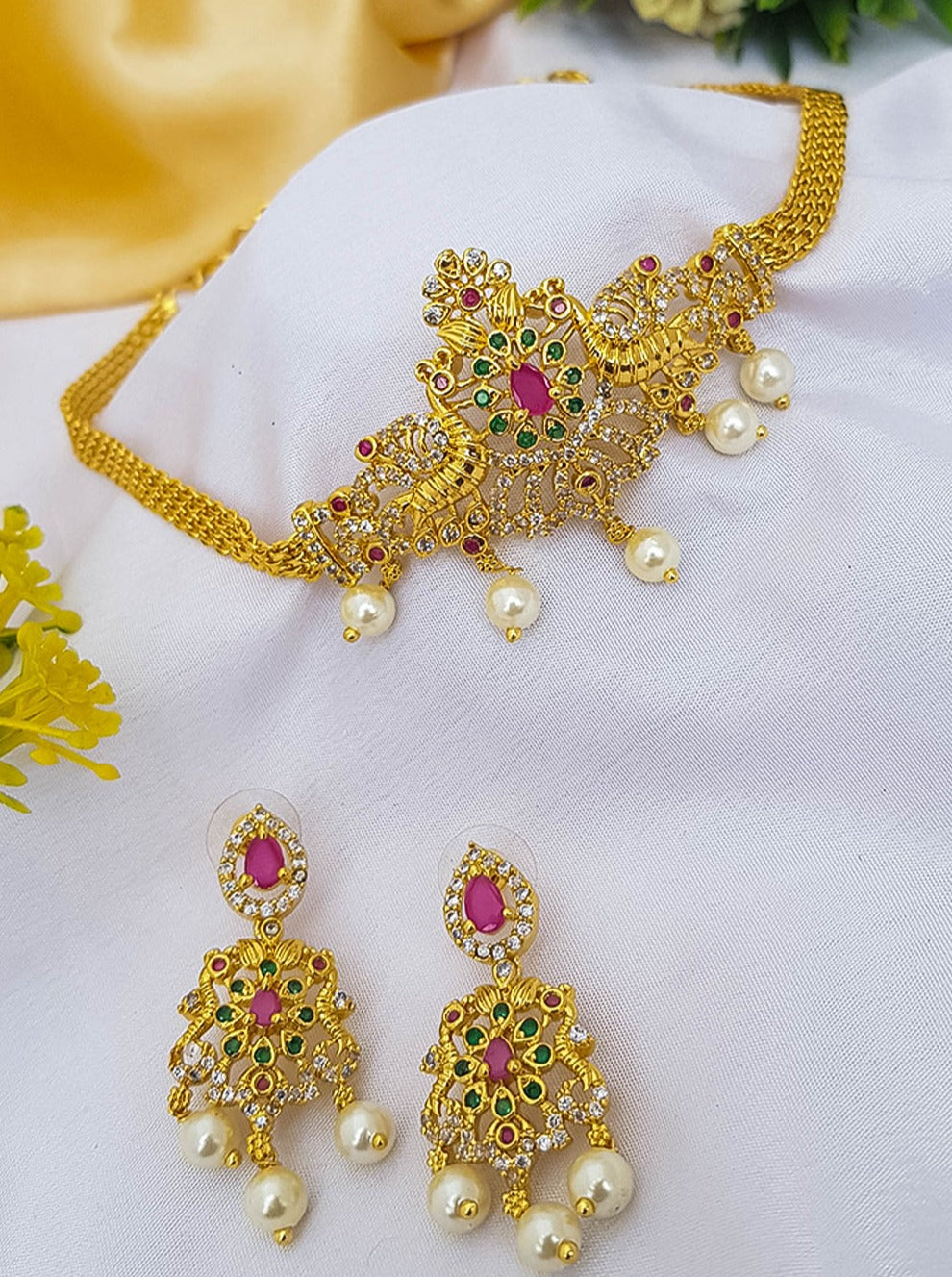 Gold Plated CZ Choker Necklace Set 12990N