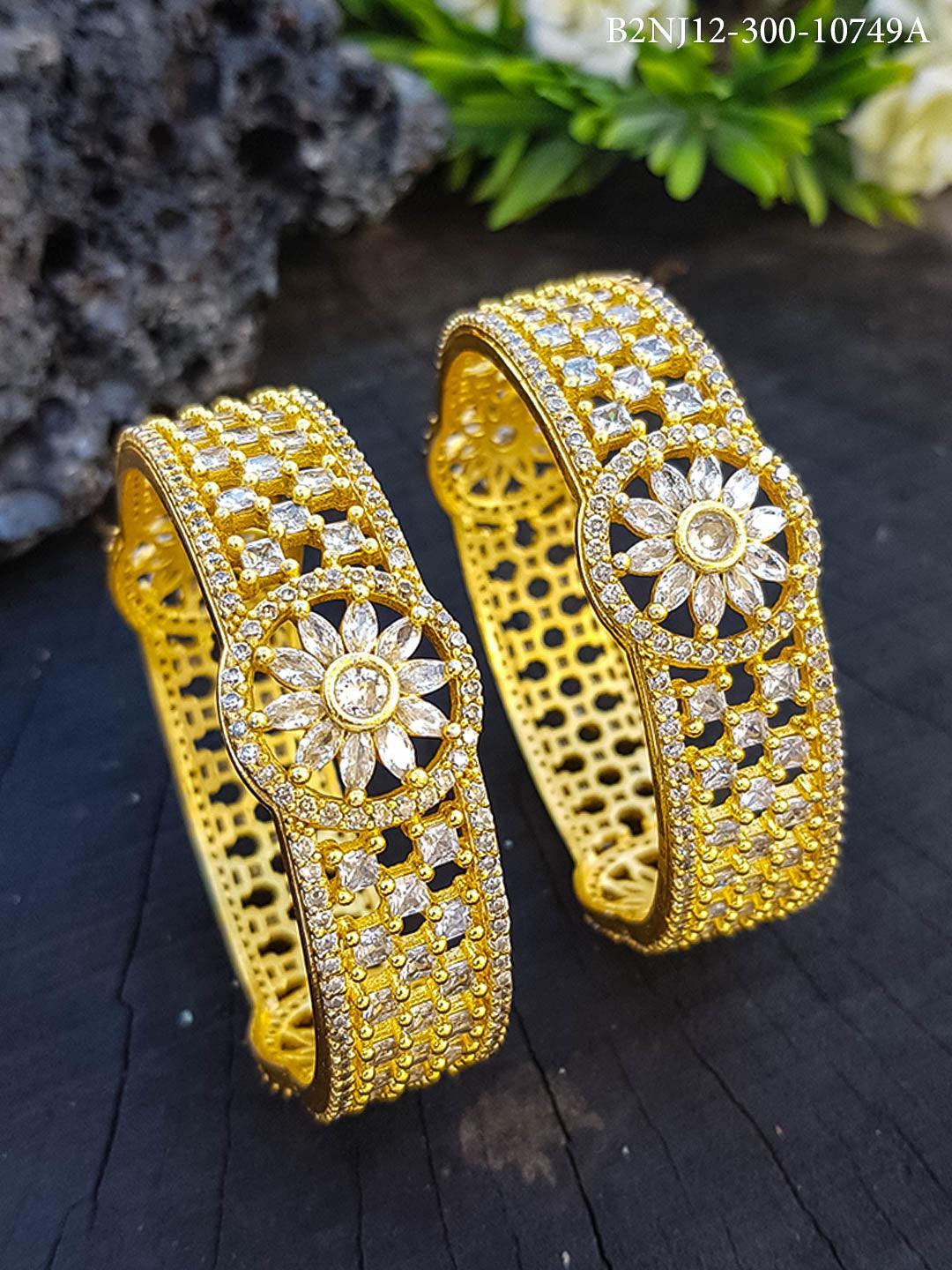 Gold Plated CZ Stone Studded Broad Floral Set of 2 bangles 10749A - Griiham