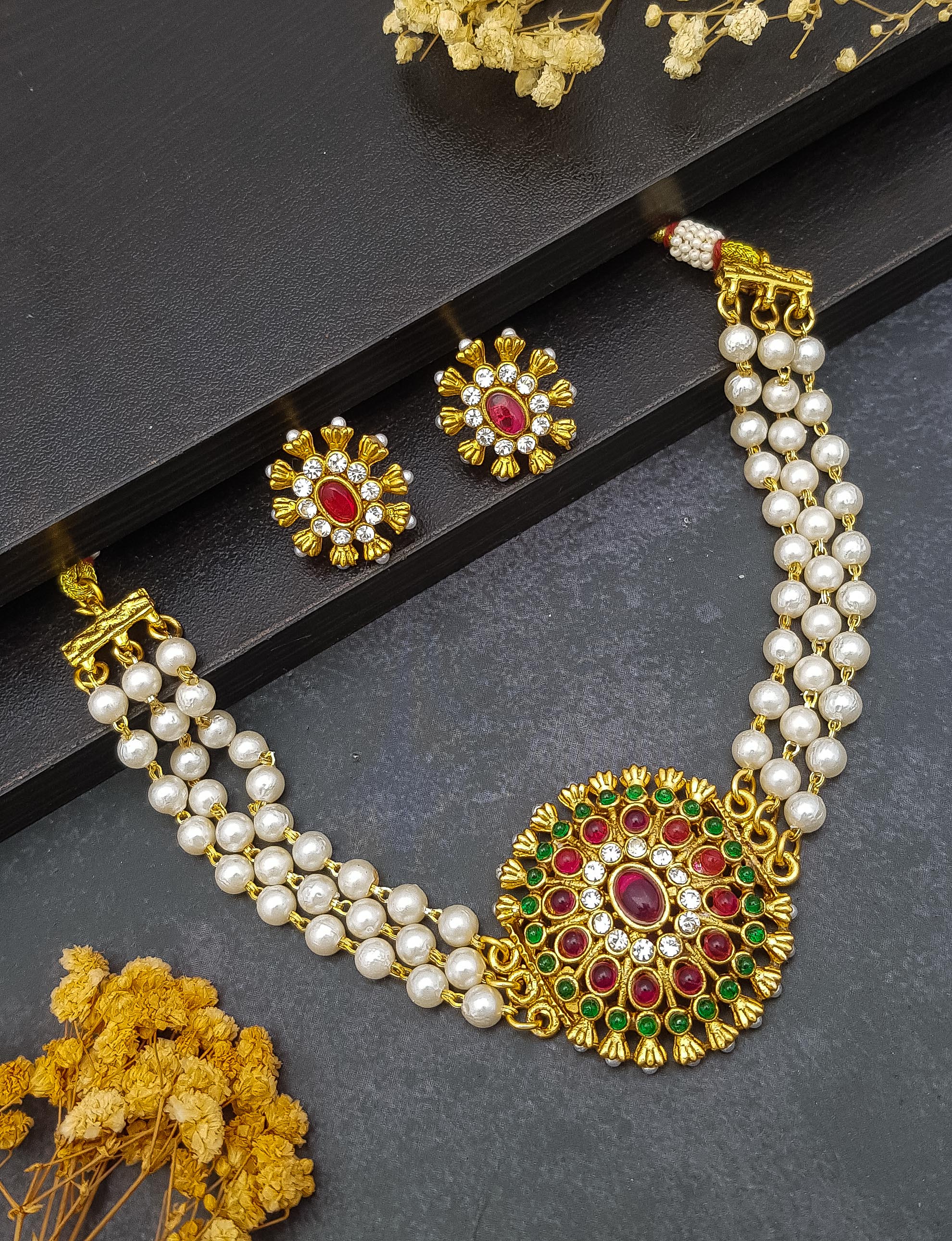 Gold Plated Choker Necklace set with Pearl Mala 6476N
