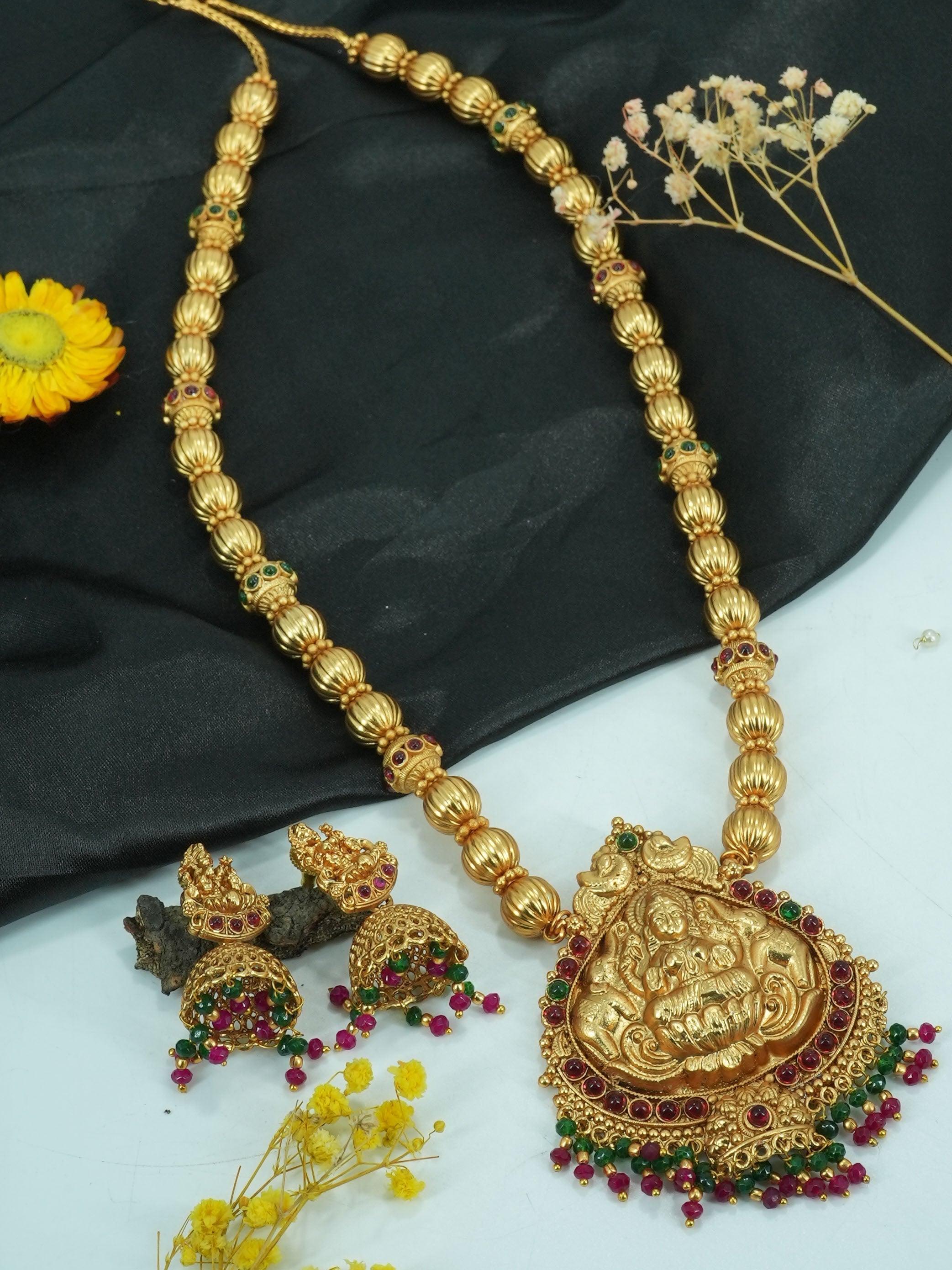 Gold Plated Classic Long Necklace Set Hara with Artificial Stones 11079N - Griiham