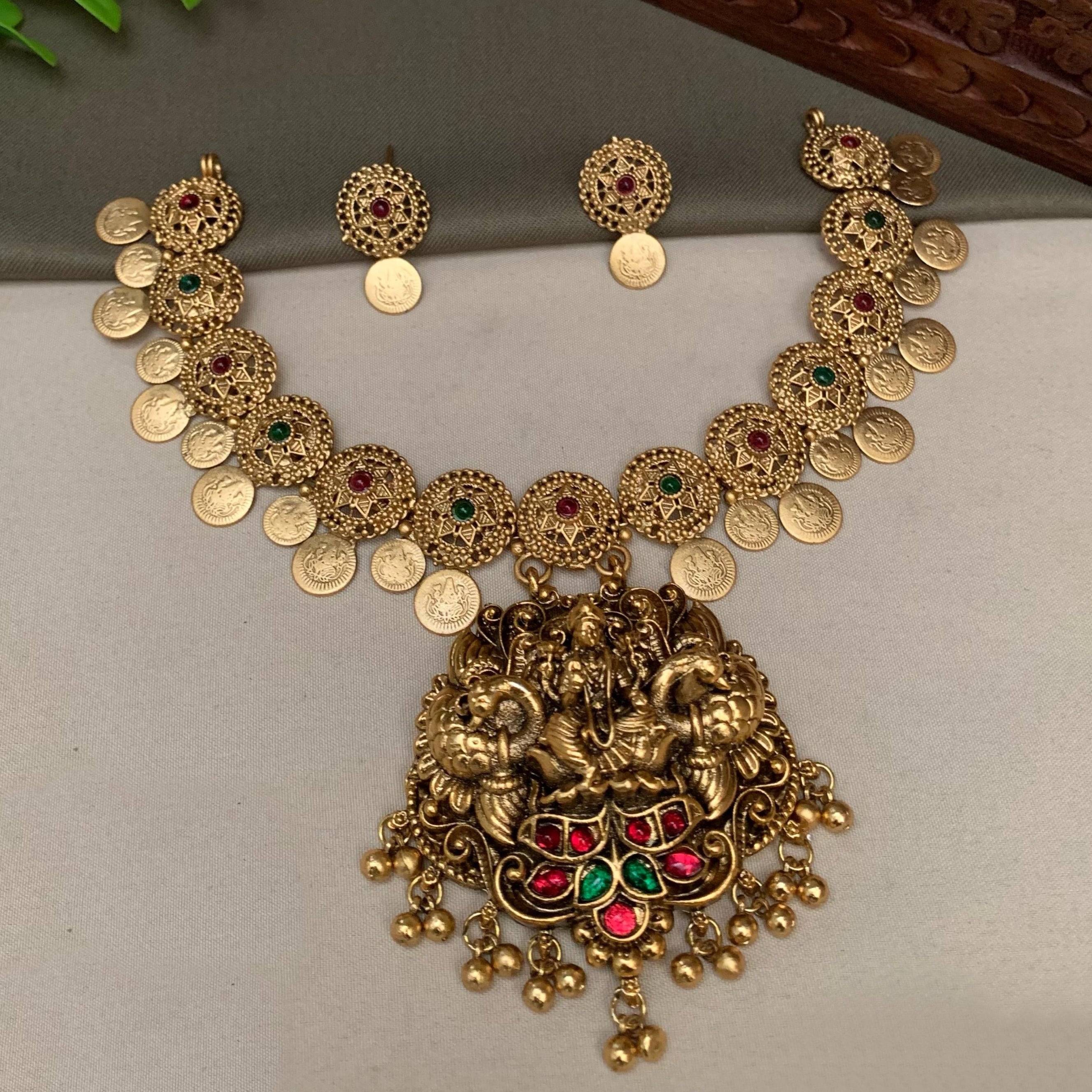 Gold Plated Cute Laxmi Coin Necklace Set 23415N