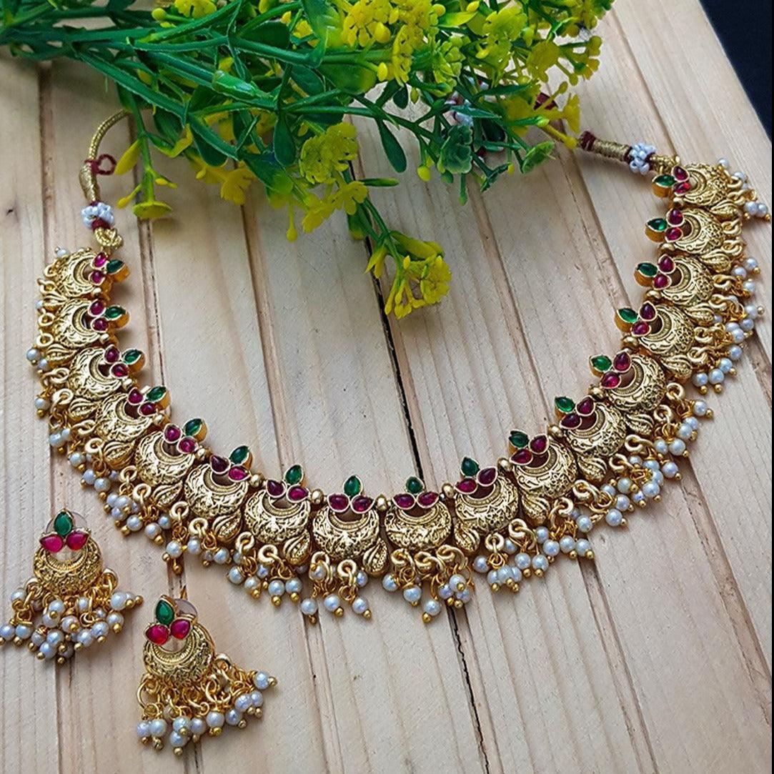 Gold Plated Cute short Necklace set with pearl drops 8155N