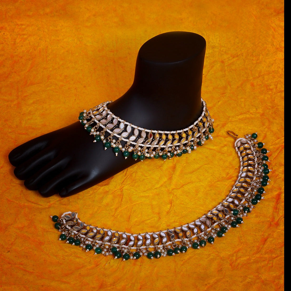 Gold Plated Delicate Mirror Stones Payal / Anklets with Green Color AD stones and pearls 9059N