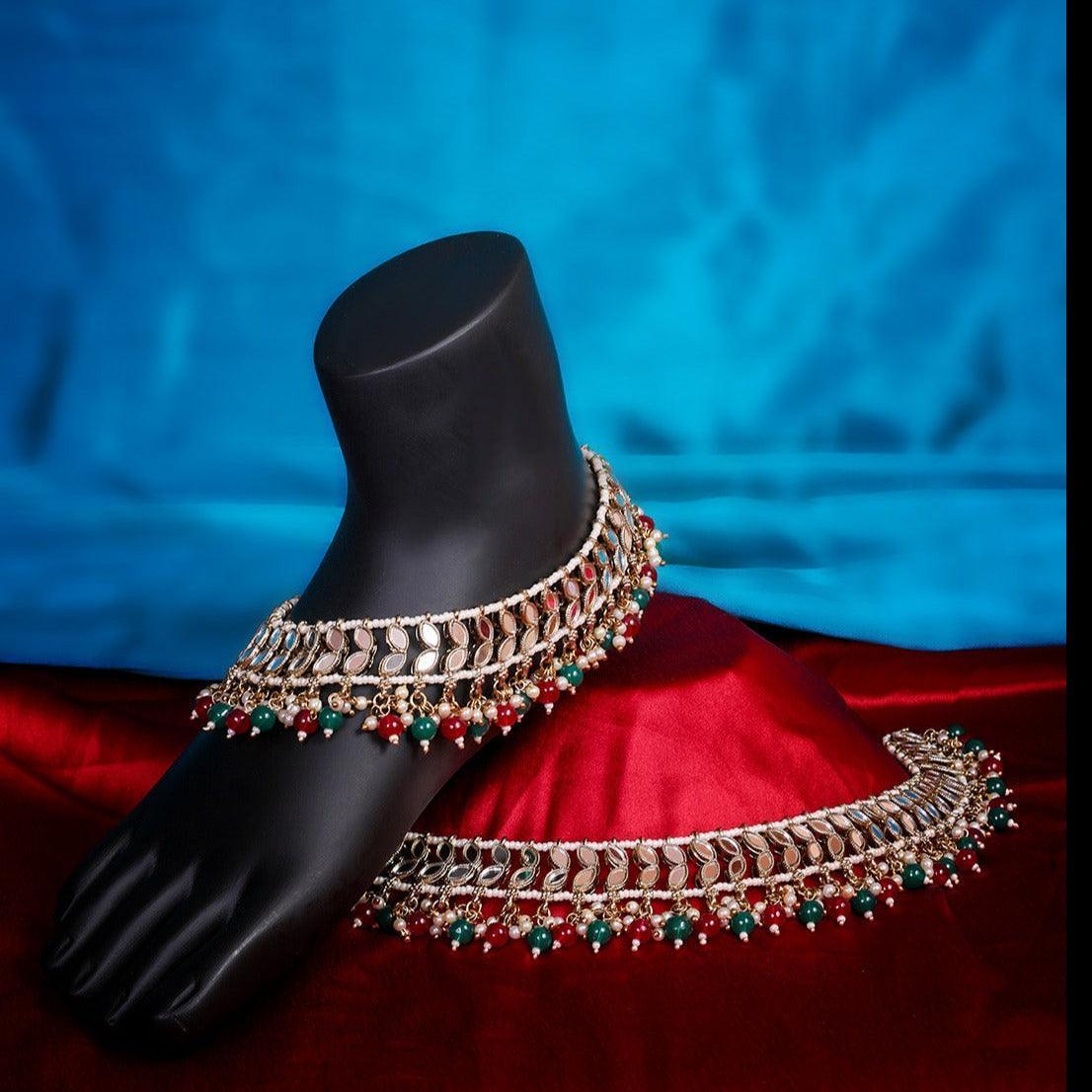 Gold Plated Delicate Mirror Stones Payal / Anklets with Multi Color AD stones and pearls 9051N - Griiham