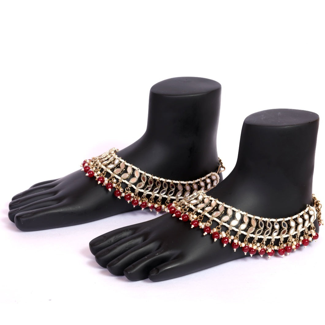 Gold Plated Delicate Mirror Stones Payal / Anklets with Red Color AD stones and pearls 9053N