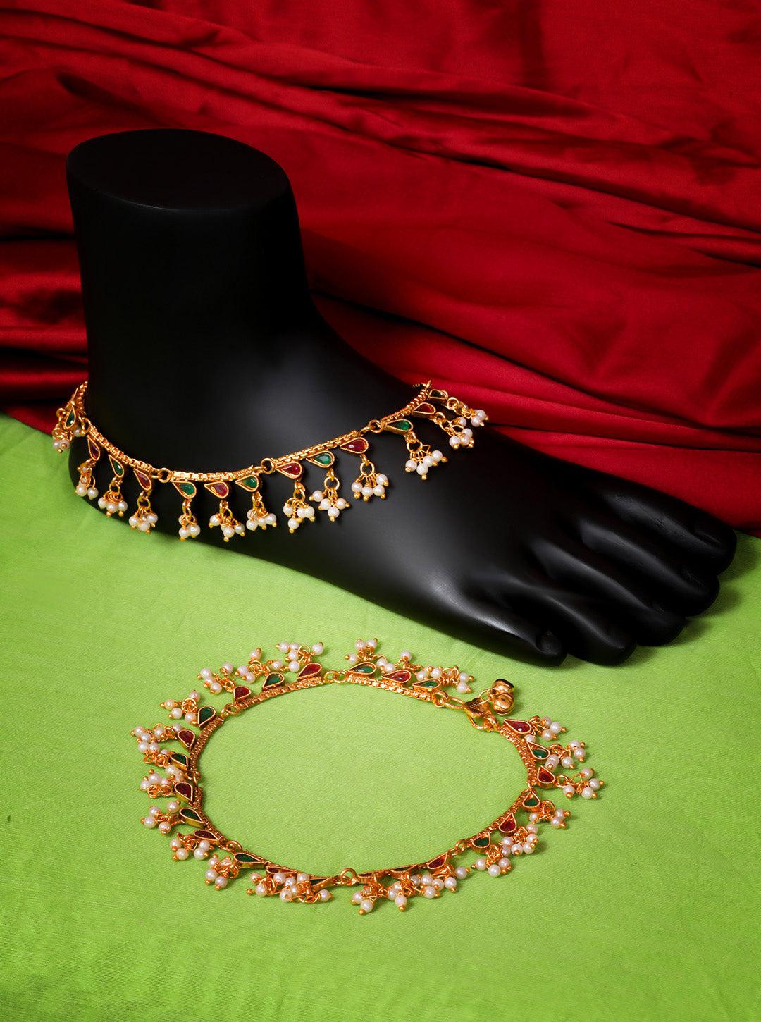 Gold Plated Delicate Payal / Anklets with AD stones and pearls 9038N