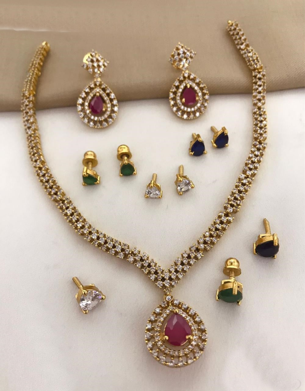 Gold Plated Drop CZ Necklace Set with 4 interchangeable stones 18290N