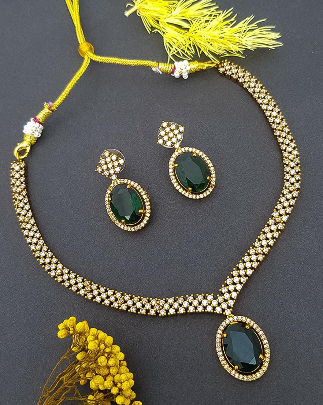 Gold Plated Drop CZ Necklace Set with monalisa stone 14162N - Griiham