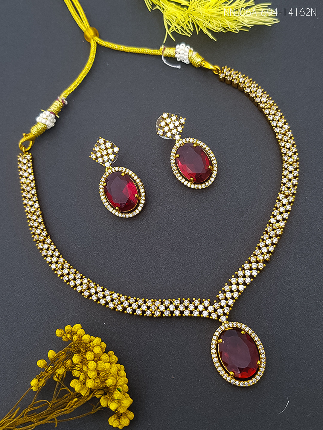 Gold Plated Drop CZ Necklace Set with monalisa stone 14162N