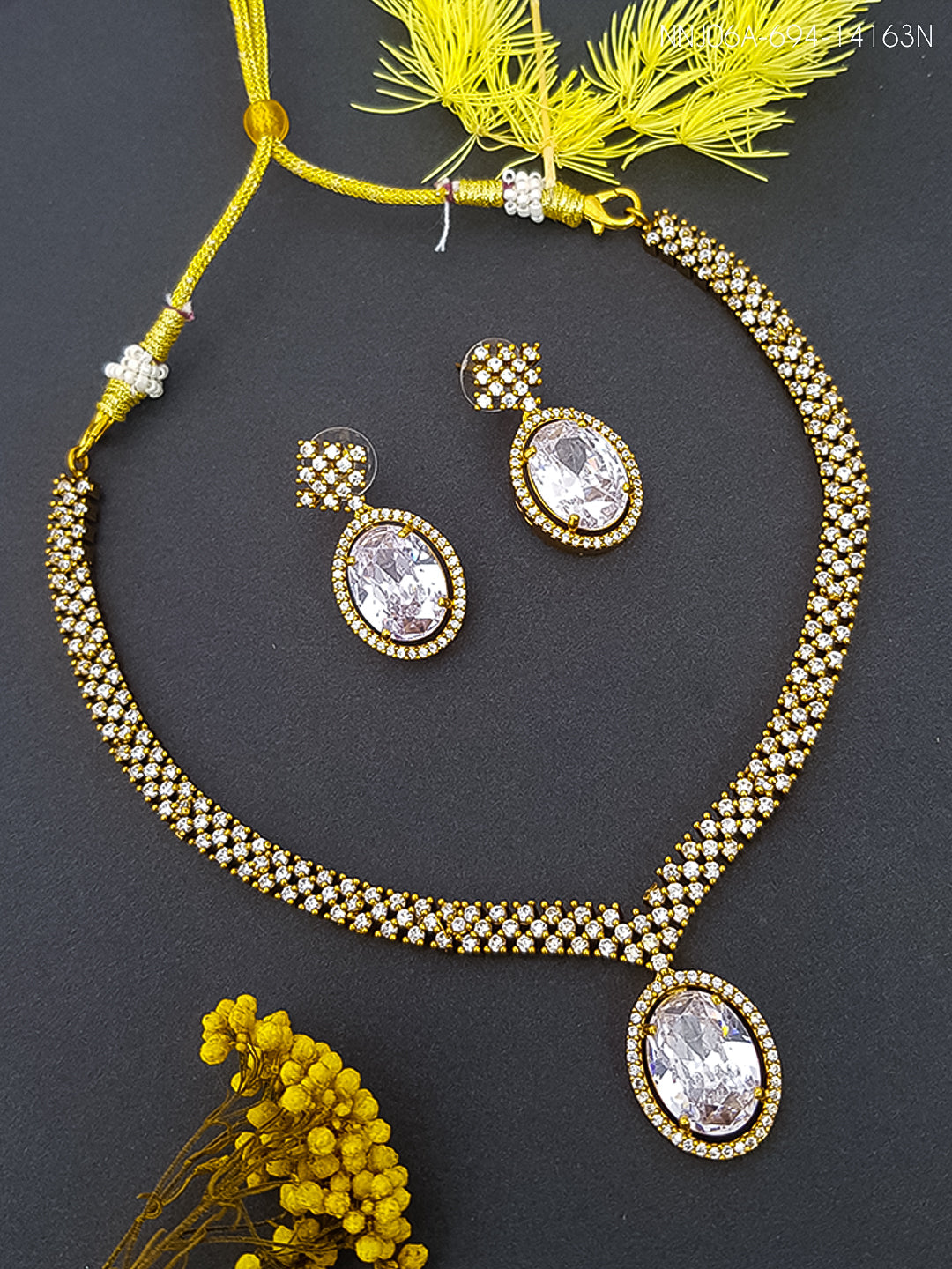 Gold Plated Drop CZ Necklace Set with monalisa stone 14162N