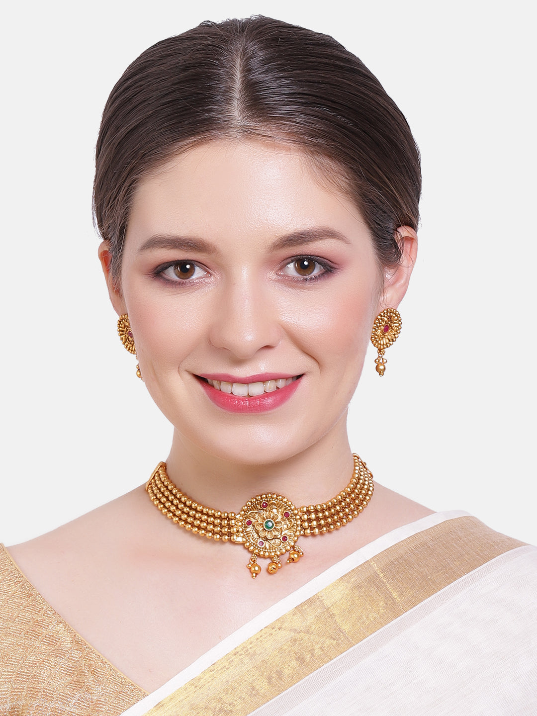 Gold Plated Elegant Half Choker Necklace Set with Multi Colour stones 6655N