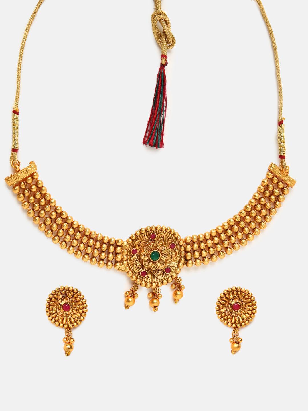 Gold Plated Elegant Half Choker Necklace Set with Multi Colour stones 6655N - Griiham