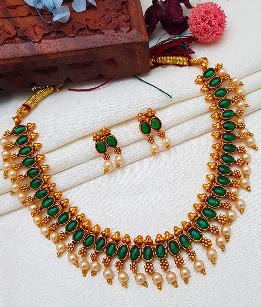 Gold Plated Elegant Necklace Set with Green and Multi Colour 6637N-Necklace Set-Griiham-Green-Griiham