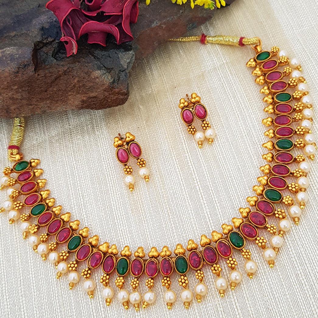 Gold Plated Elegant Necklace Set with Green and Multi Colour 6637N