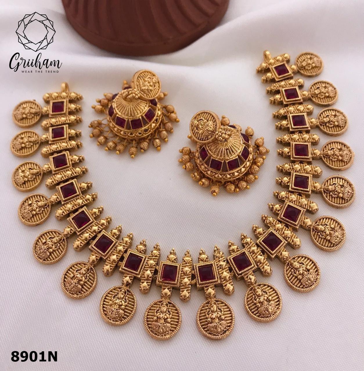 Gold Plated Elegant Necklace Set with diff Colours 8901N-Necklace Set-Griiham-Ruby Red-Griiham