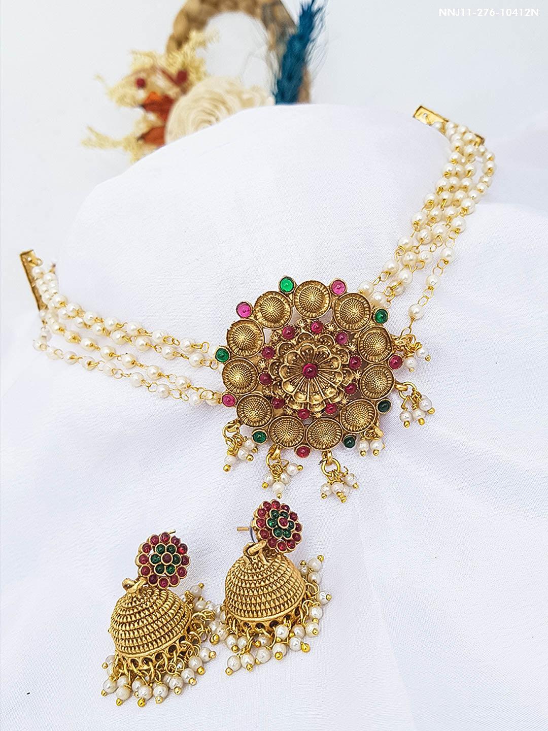 Gold Plated Elegant Short Chic Necklace set with Pearl String - Griiham