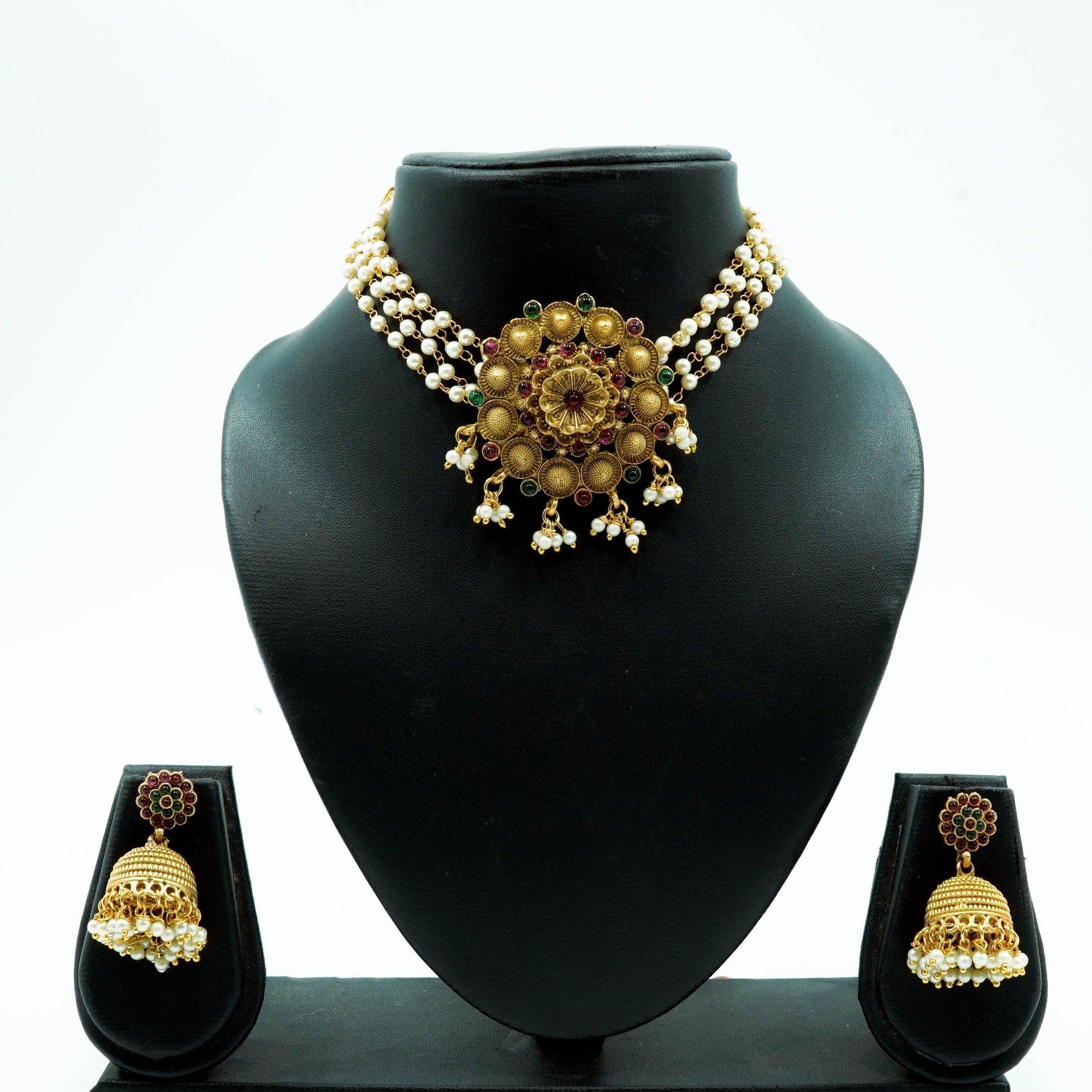 Gold Plated Elegant Short Chic Necklace set with Pearl String - Griiham