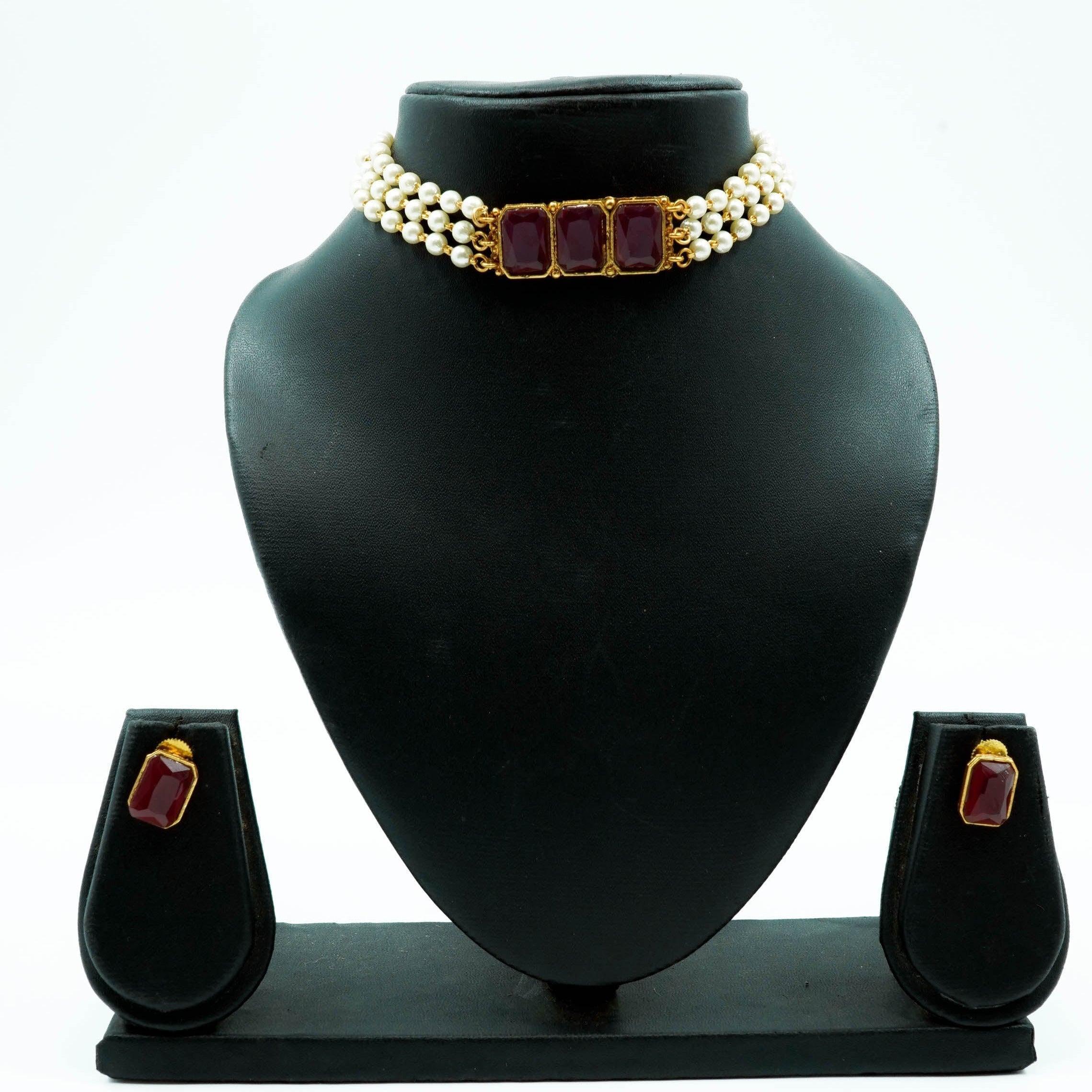 Gold Plated Elegant Short Chic Necklace set with Pearl Studded String 10468N - Griiham