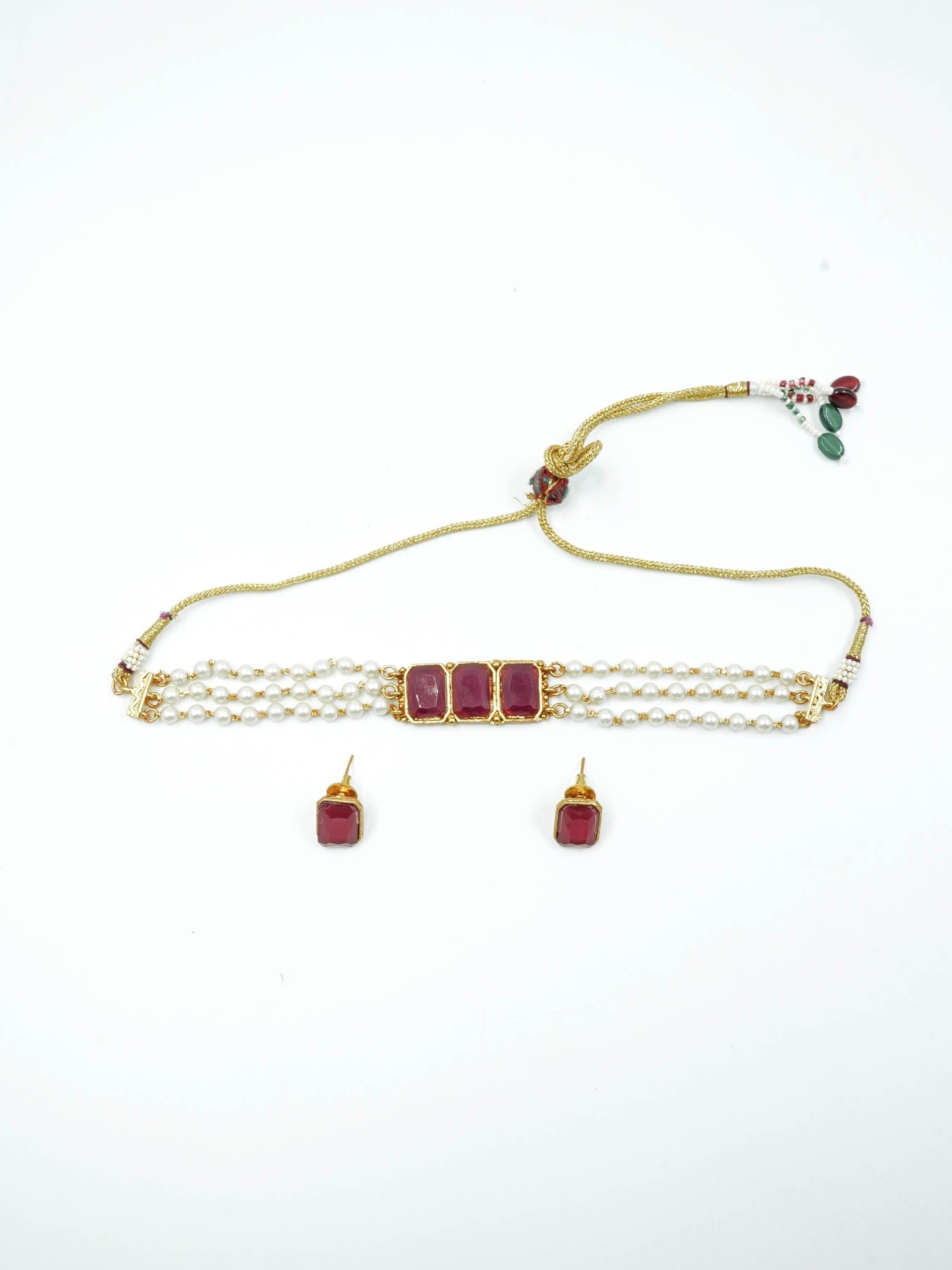 Gold Plated Elegant Short Chic Necklace set with Pearl Studded String 10468N - Griiham