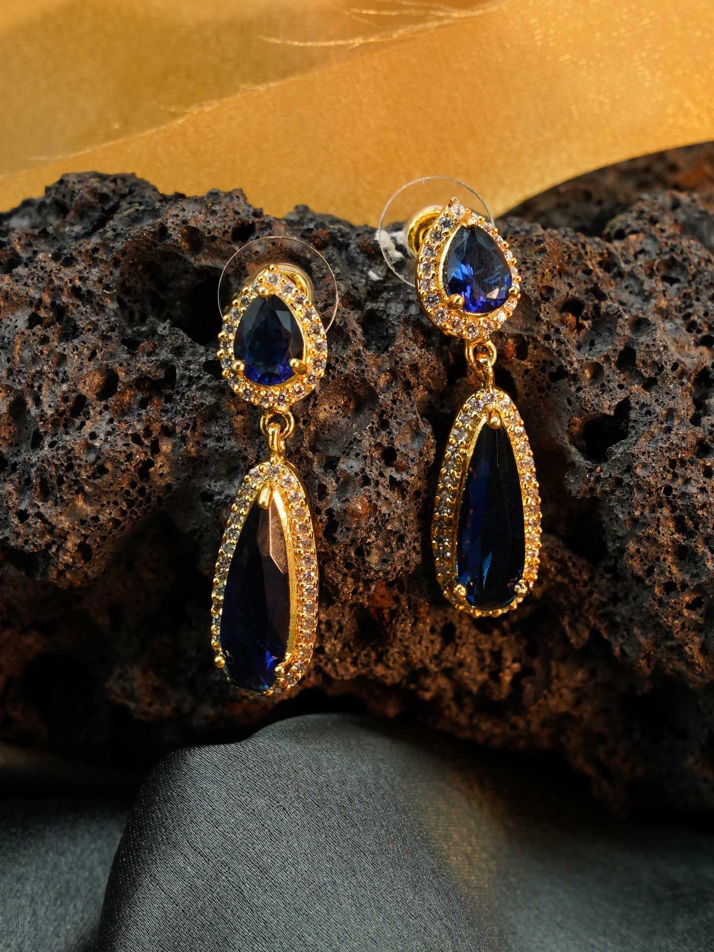 Gold Plated Exclusive Drop Shape Stone Studded Jhumkis / Earrings with different color options E9792N - Griiham