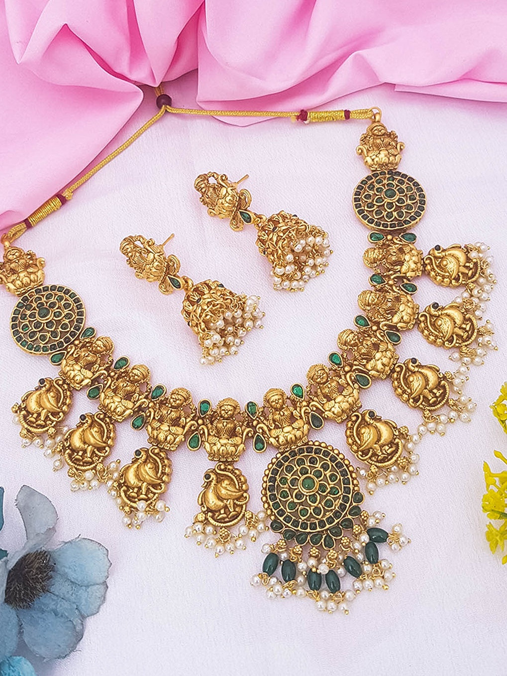 Gold Plated Exclusive Laxmi Necklace Set with different colour options 13742N