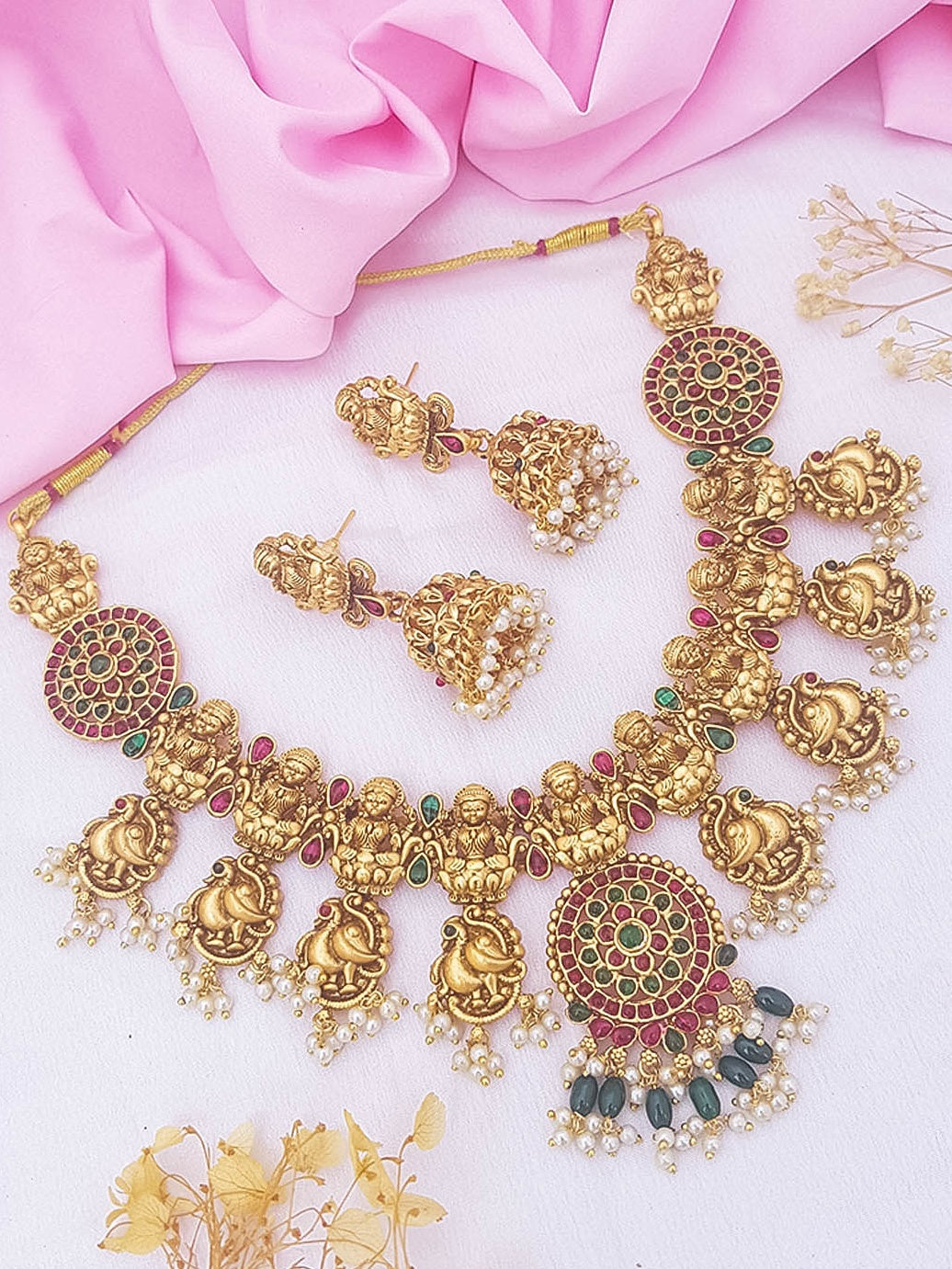 Gold Plated Exclusive Laxmi Necklace Set with different colour options 13742N