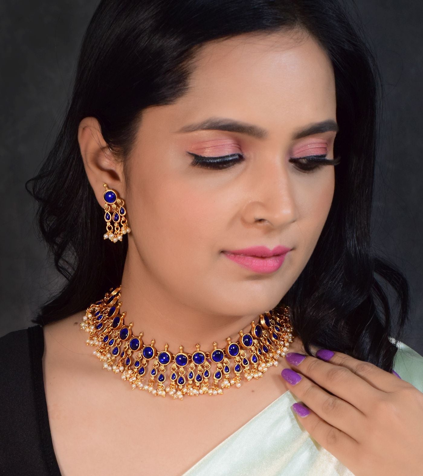 Gold Plated Exclusive bestseller Blue Stone Studded Necklace Set with pearl drops 9851N
