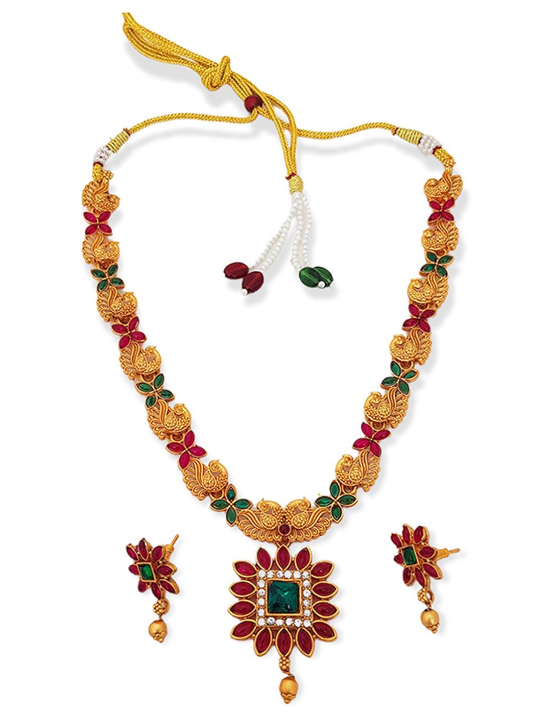 Gold Plated Floral Peacock design Medium Length Necklace Set 6909N - Griiham