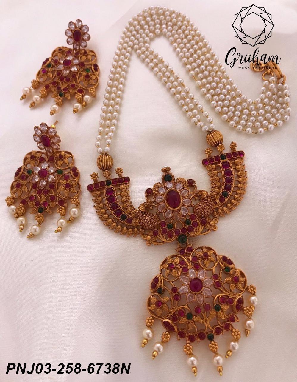 Gold Plated Floral pendant set design with multi stones with pearl mala 6738N