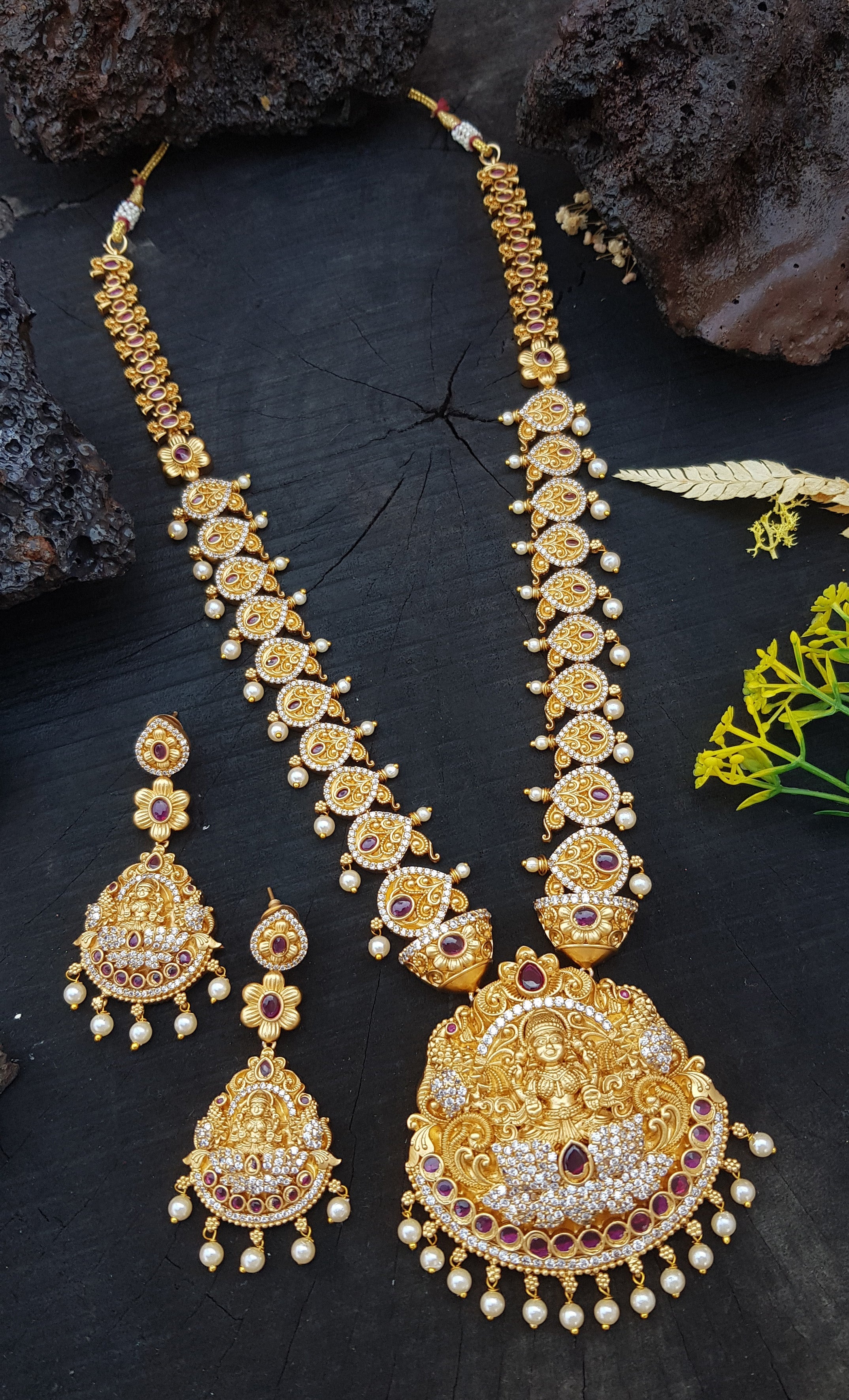Gold Plated Grand Long Hara Necklace Set with CZ Stones 18949N