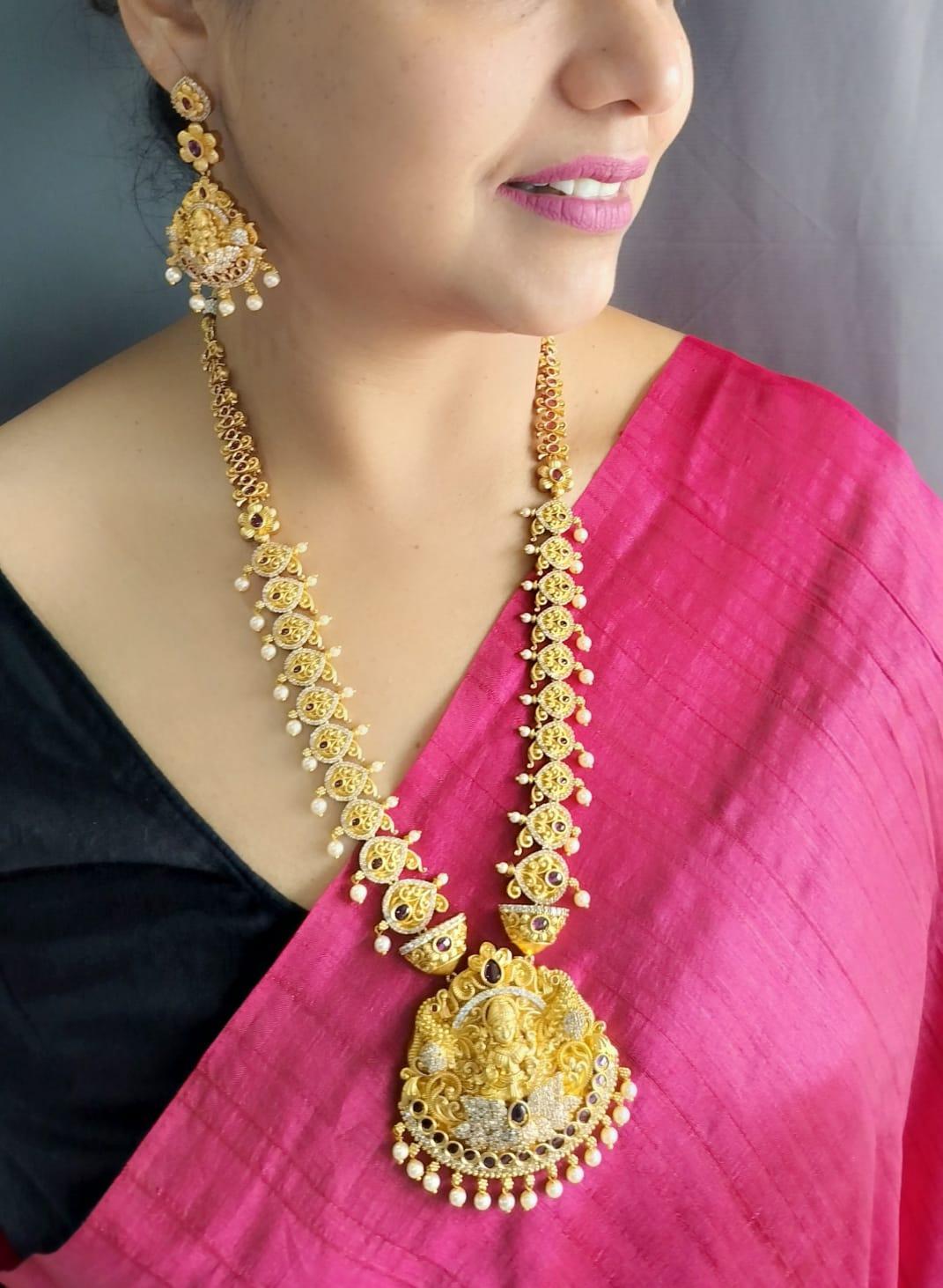 Gold Plated Grand Long Hara Necklace Set with CZ Stones - Griiham