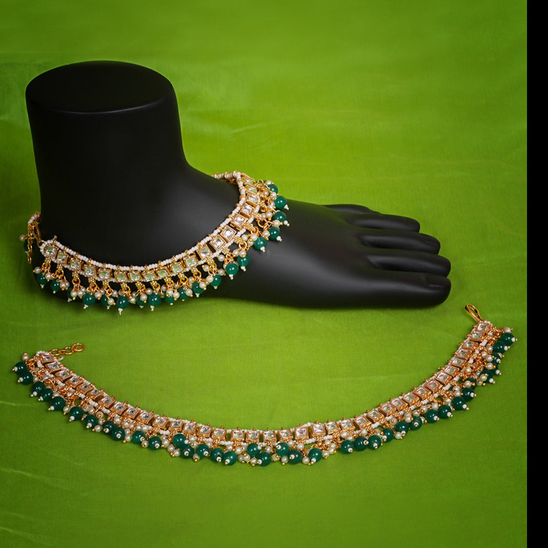 Gold Plated Kundan Payal / Anklets with Green color beads 9056N