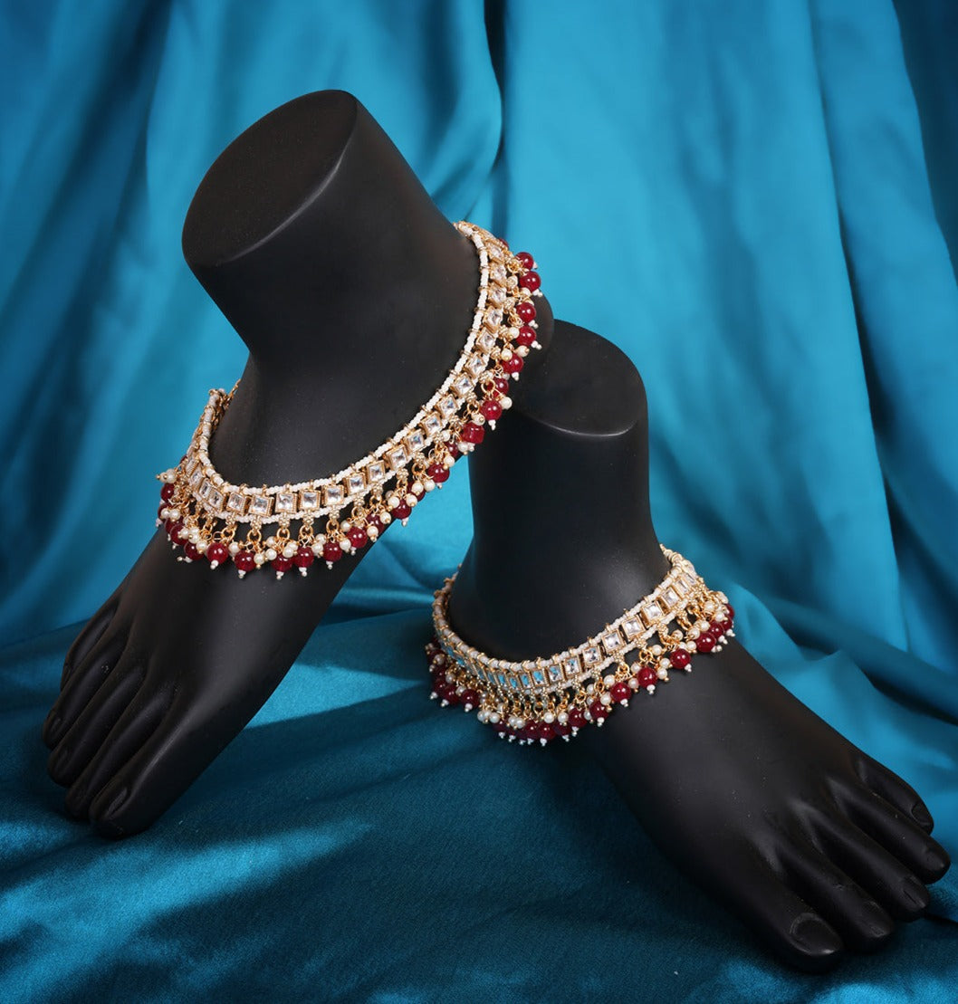 Gold Plated Kundan Payal / Anklets with Red color beads 9054N