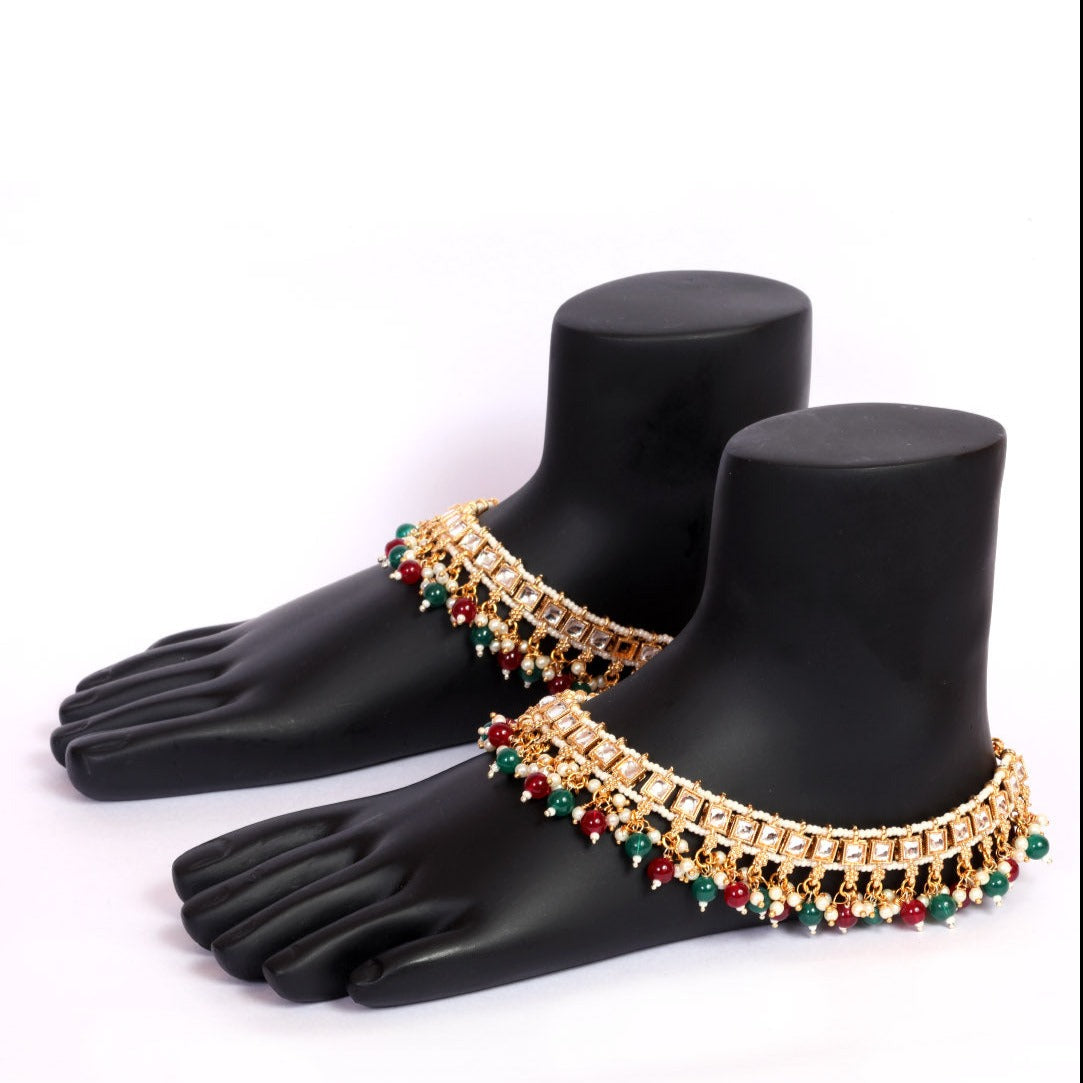 Gold Plated Kundan Payal / Anklets with multi color beads 9055N