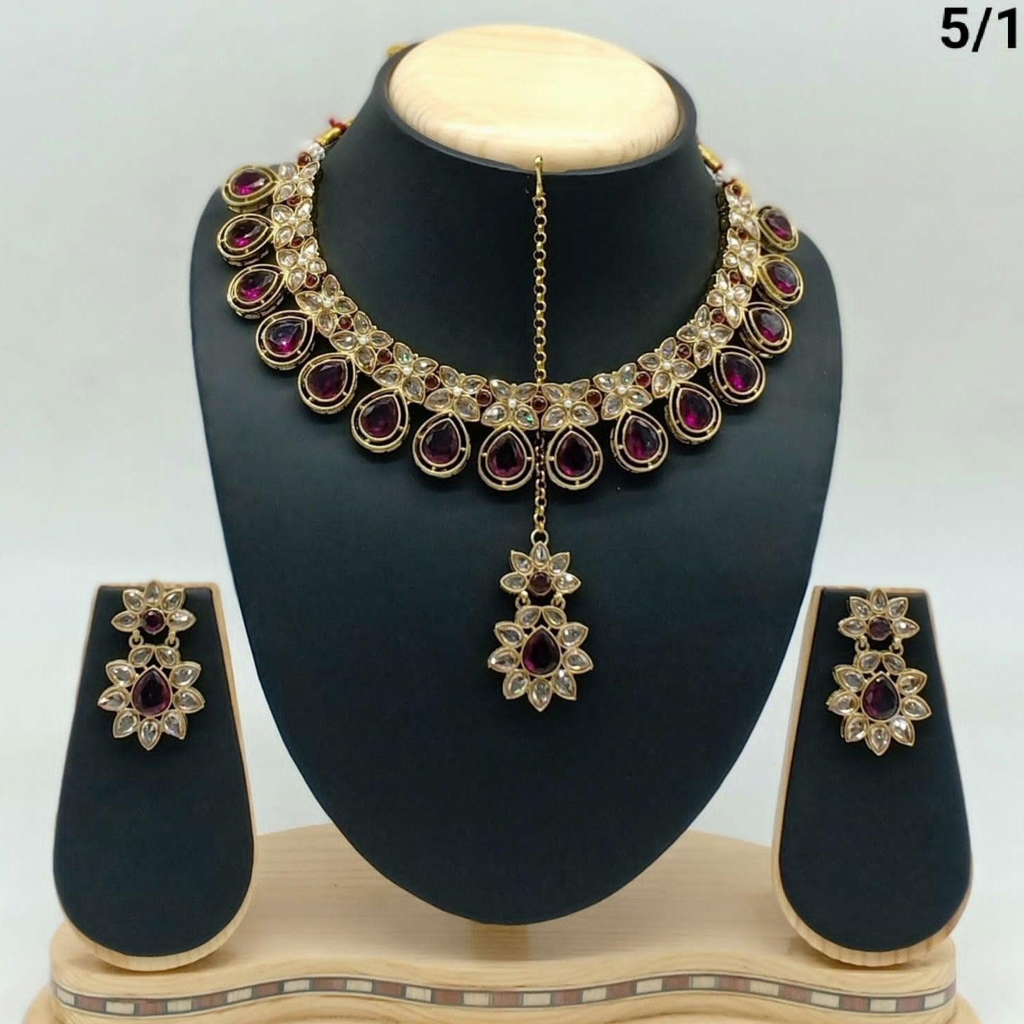 Gold Plated Kundan with Maroon Stone Studded Necklace set with Tikka 9696N - Griiham