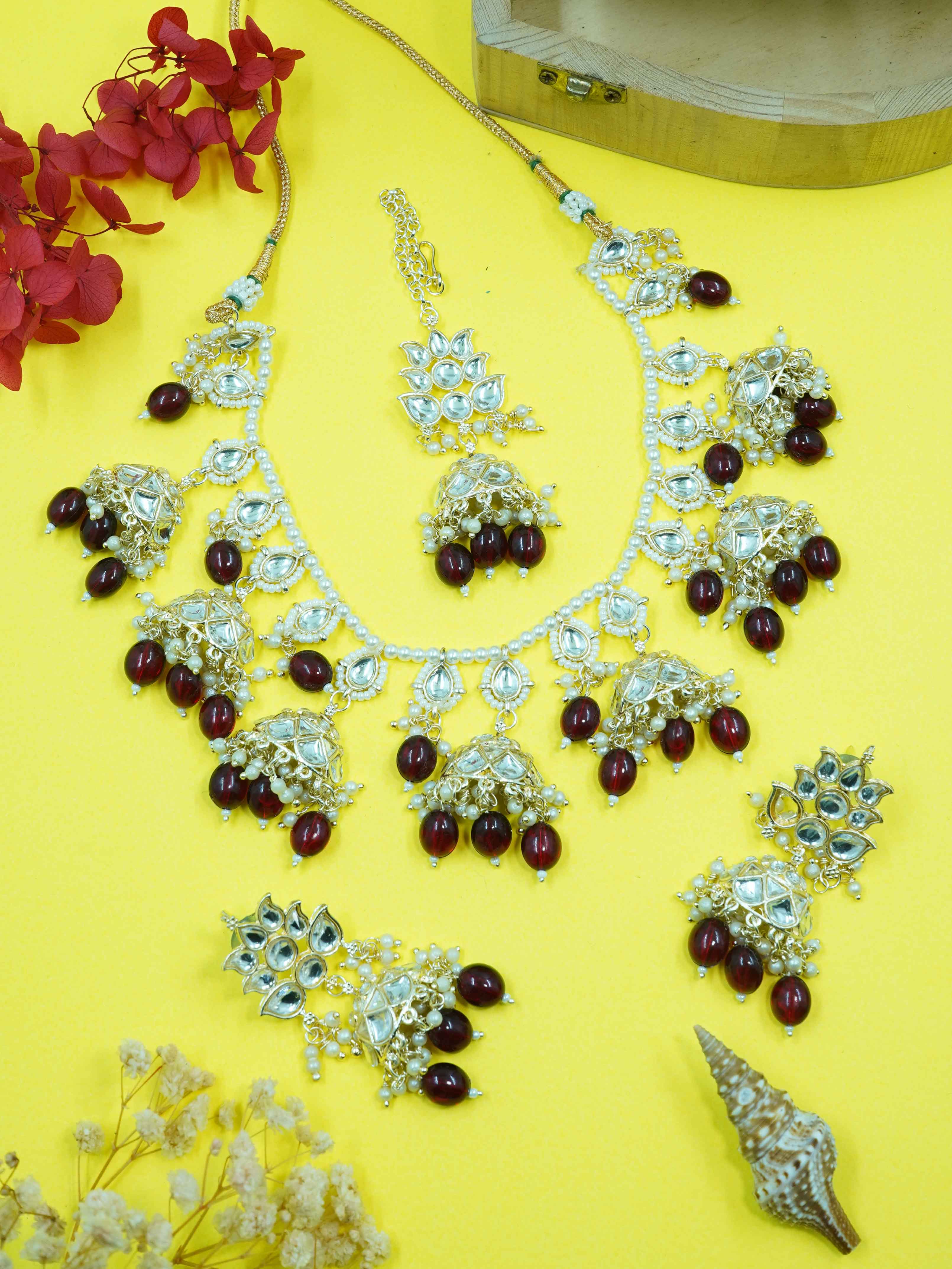 Gold Plated Kundan with Mirror Stone Necklace set with Tikka 9447N