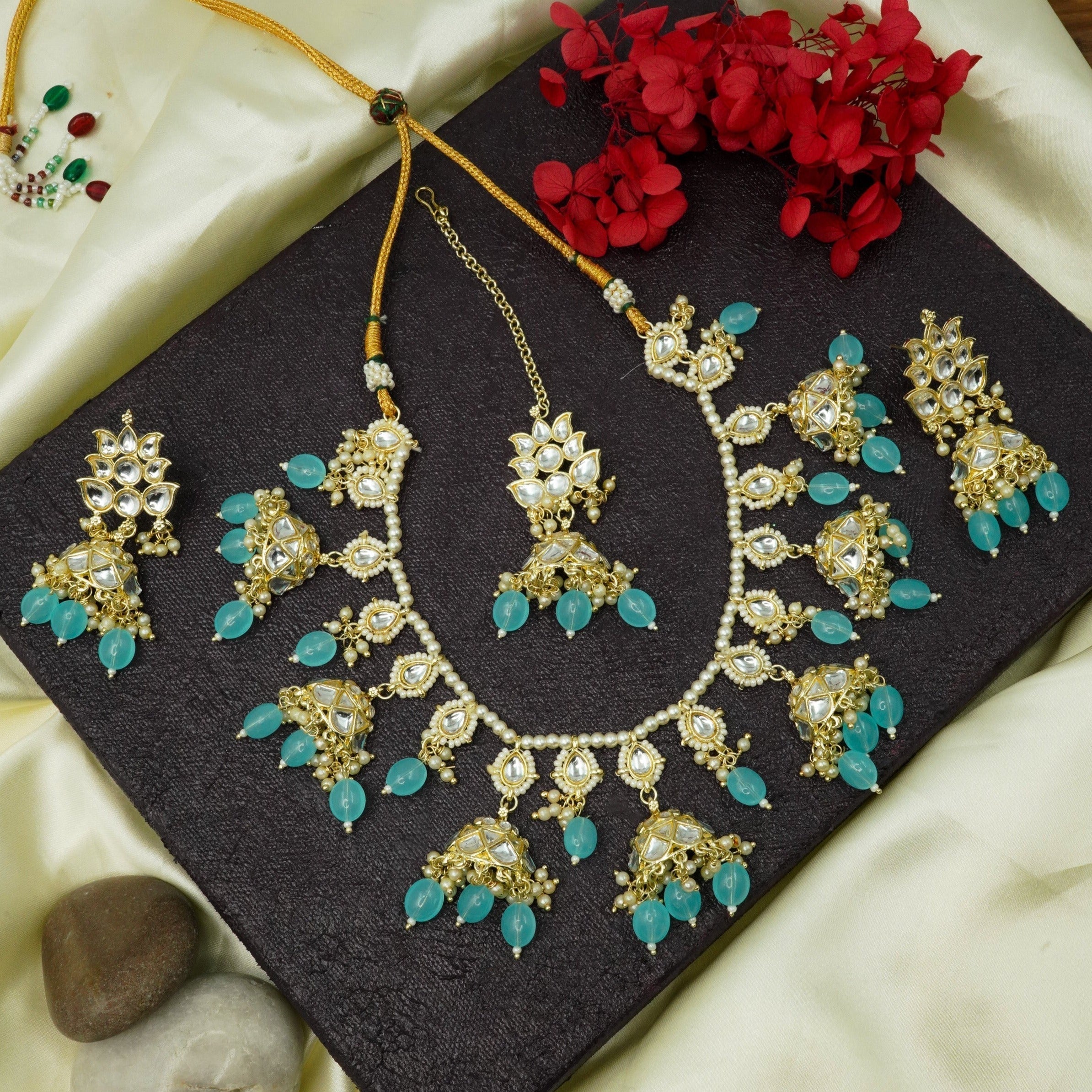 Gold Plated Kundan with Mirror Stone Necklace set with Tikka 9448N