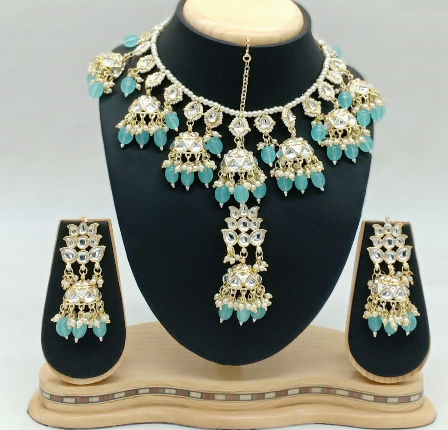 Gold Plated Kundan with Mirror Stone Necklace set with Tikka 9448N - Griiham