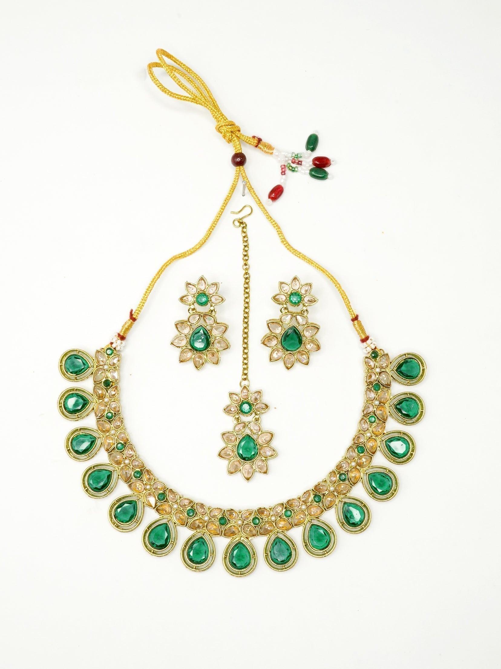 Gold Plated Kundan with Mirror Stone Studded Necklace set with Tikka 9450N - Griiham