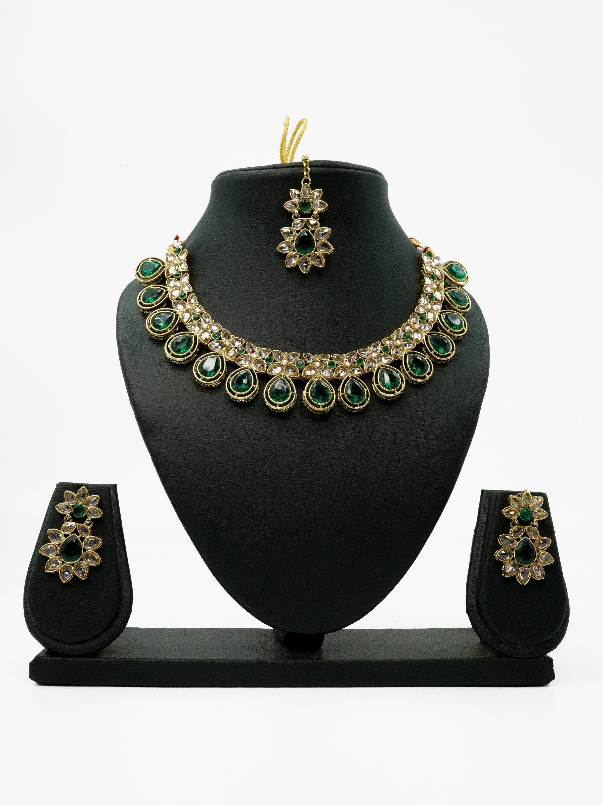 Gold Plated Kundan with Mirror Stone Studded Necklace set with Tikka 9450N - Griiham