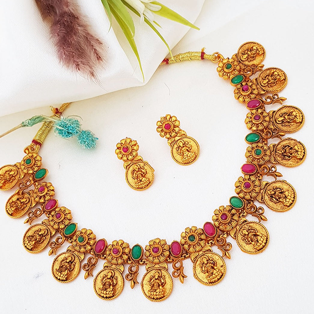 Gold Plated Laxmi Coin Short Necklace Set 6643N