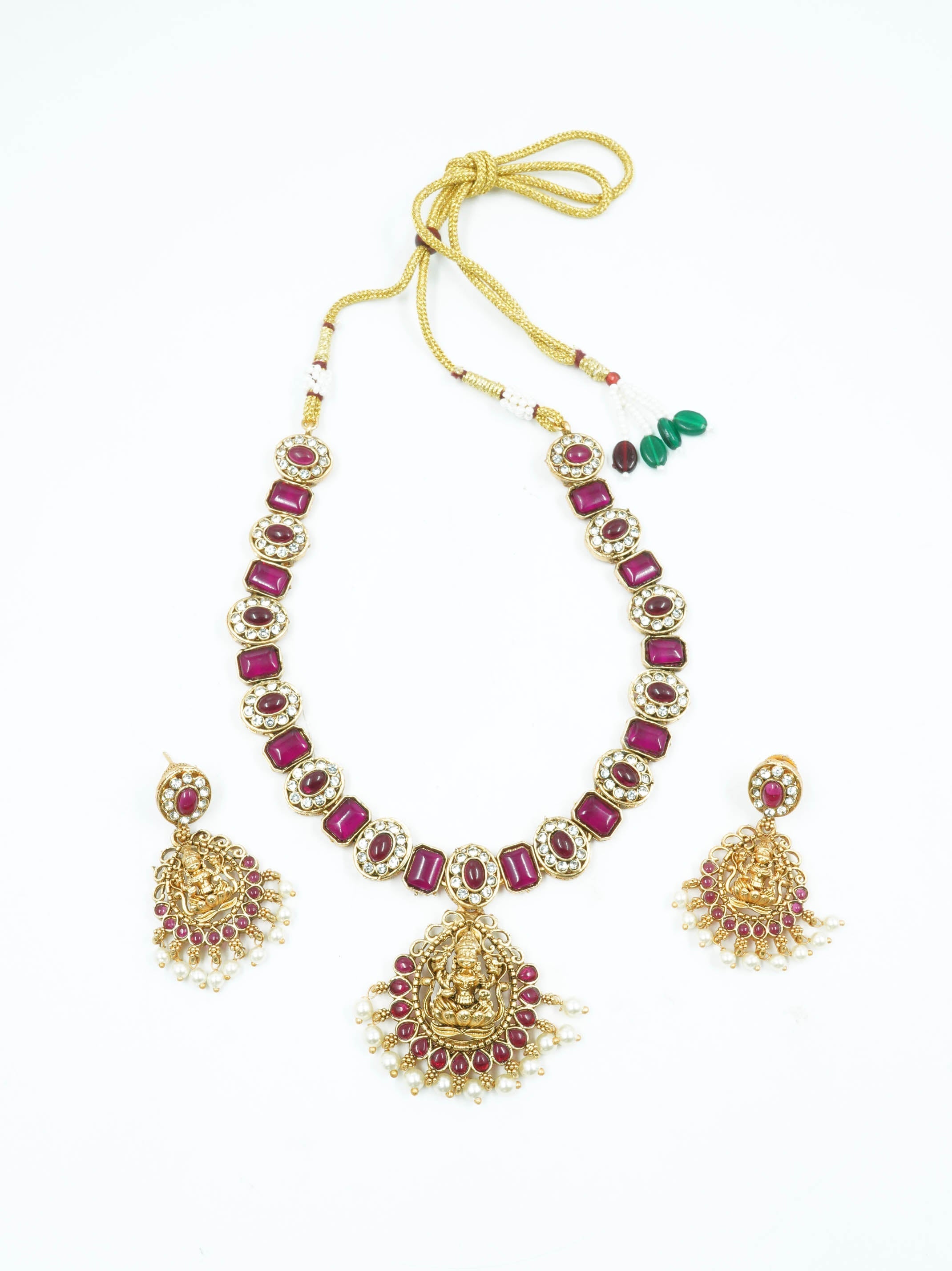 Gold Plated Laxmi Necklace Set with Red White Color Stones 10701N
