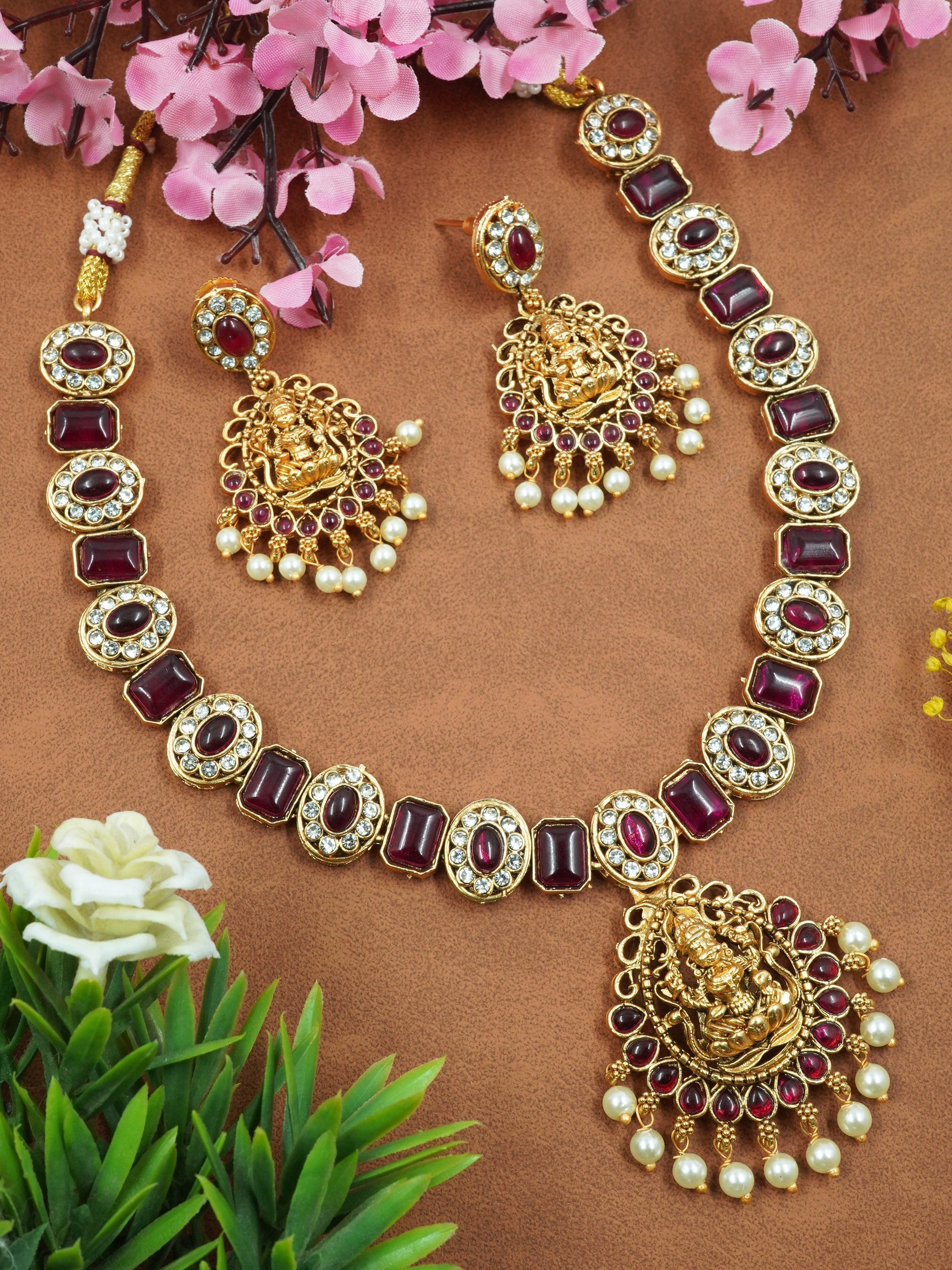 Gold Plated Laxmi Necklace Set with Red White Color Stones 10701N
