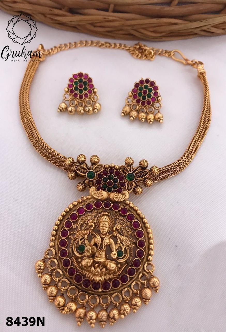 Gold Plated Laxmi Pendant set with rope chain 8437N-Pendant Set-Griiham-Multi-Griiham