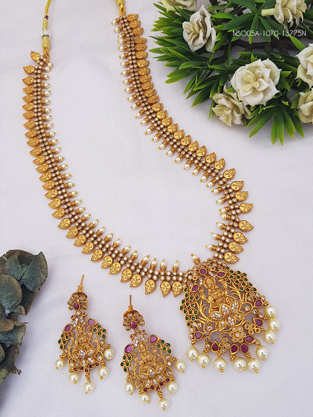 Gold Plated Long AD Lakshmi Necklace Set 13775N