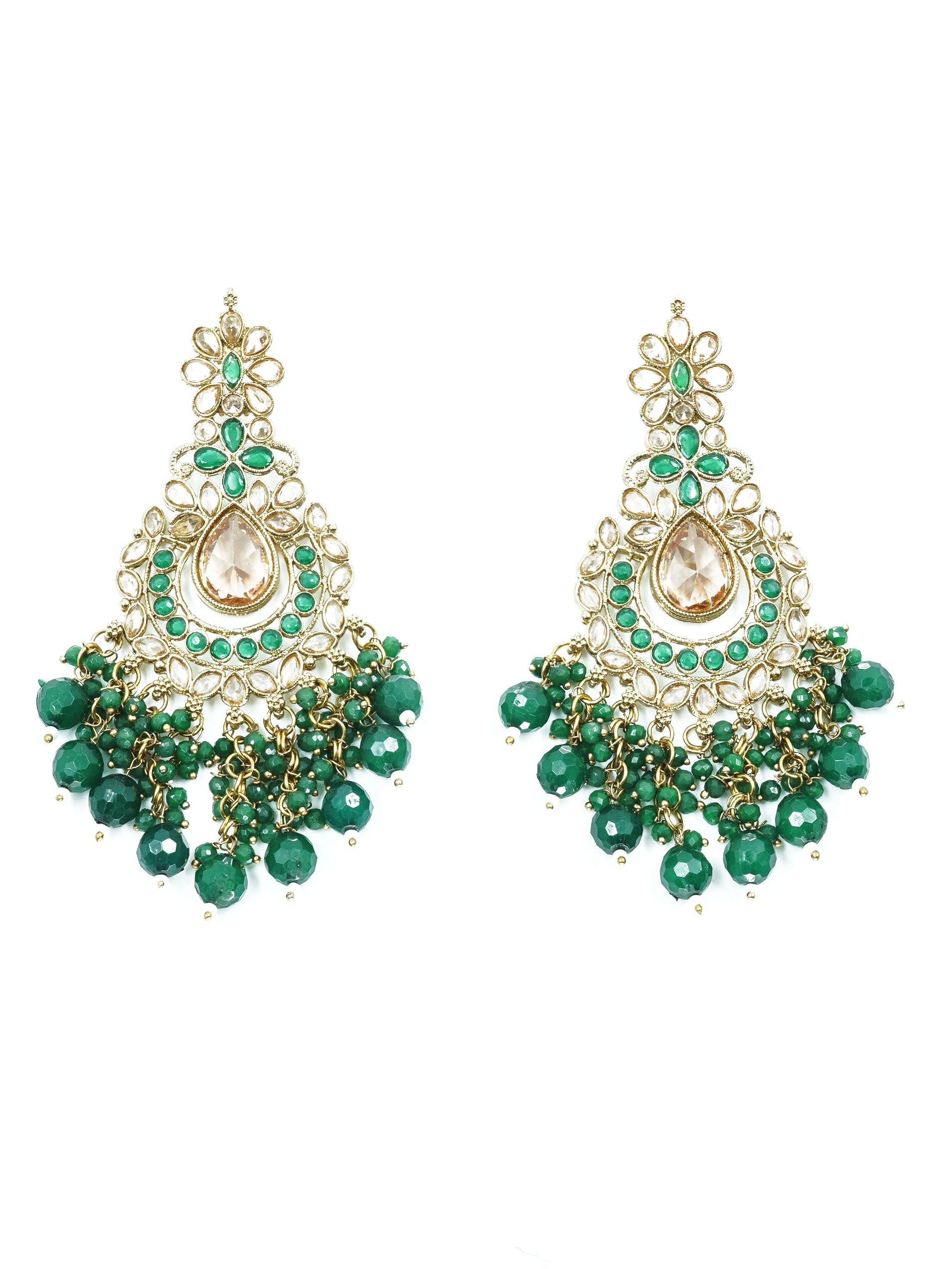 Gold Plated Long Kundan Chandbali Earrings with Green Crystal stones 13361N