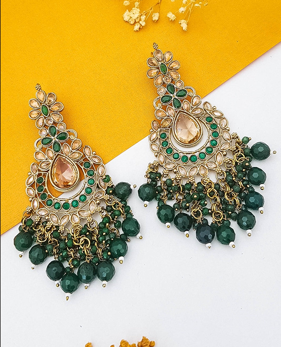Gold Plated Long Kundan Chandbali Earrings with Green Crystal stones 13361N