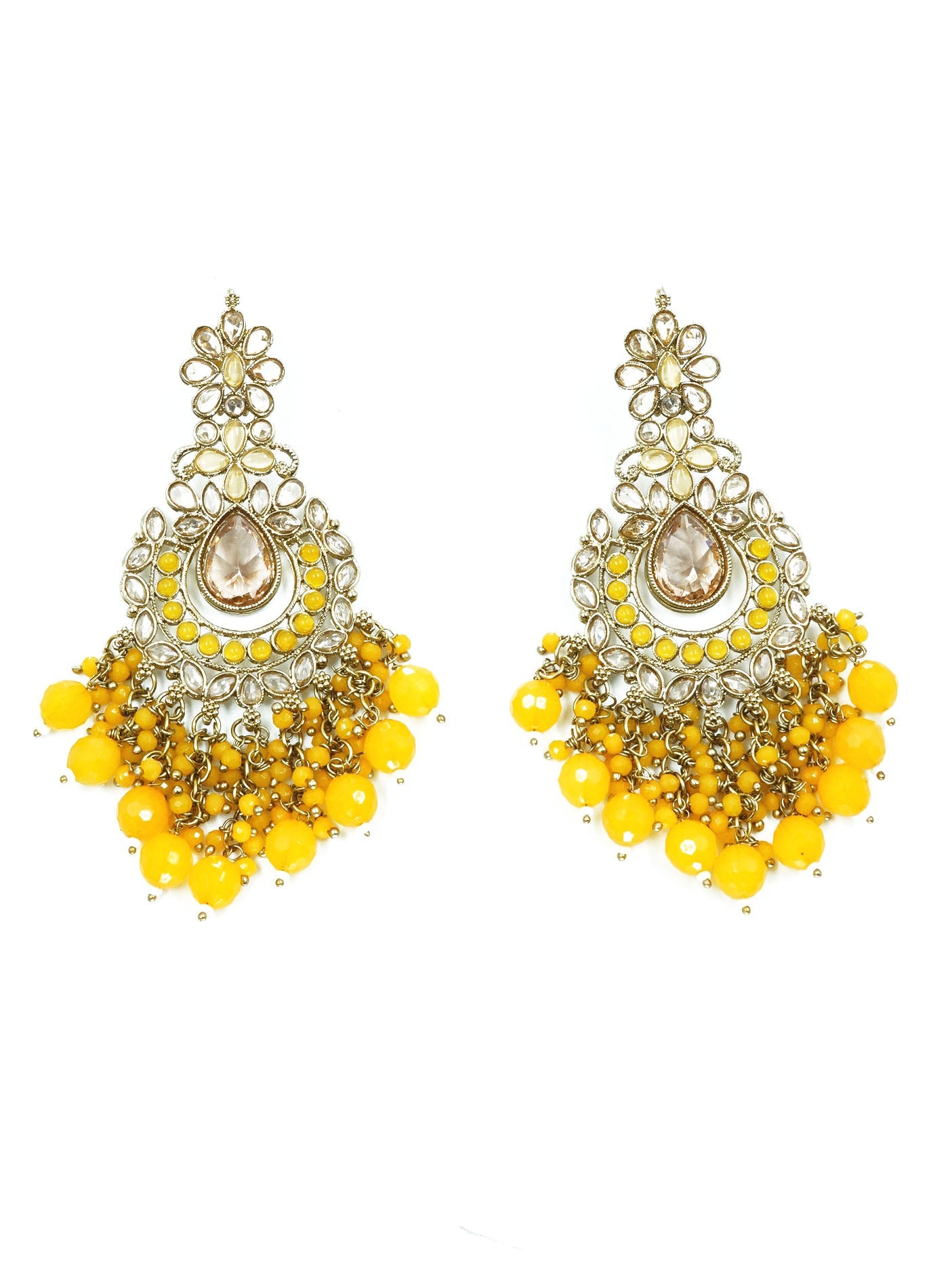Gold Plated Long Kundan Chandbali Earrings with Yellow Crystal stones 13362N
