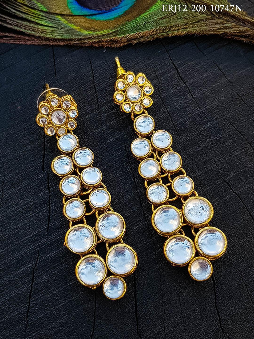 Gold Plated Long Kundan Earrings / Hangings 10747N - Griiham