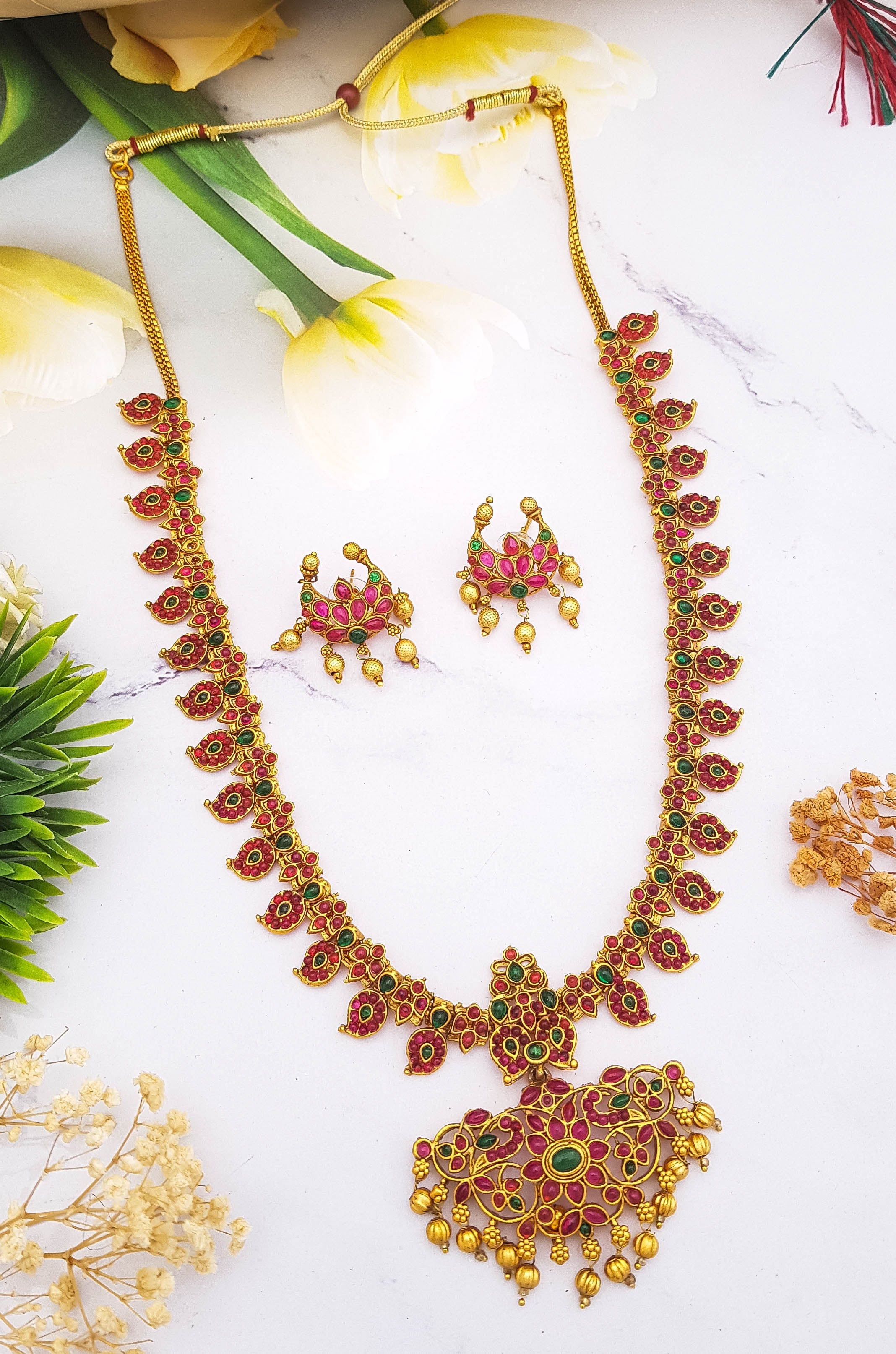 Gold Plated Long Mango AD Necklace set 18431N